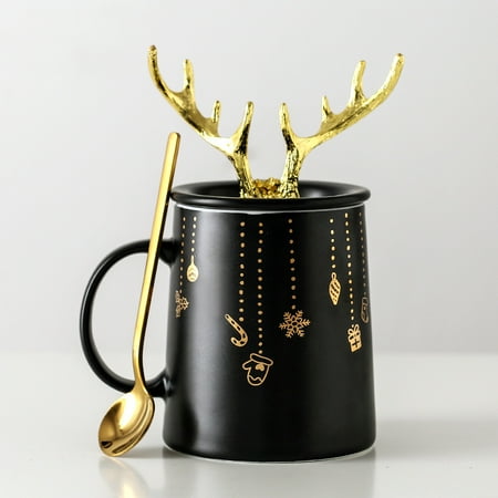 

Livesture Nordic Couple Mug Porcelain Cup Golden Antlers Cover Home Spoon With Lid Milk Coffee Cup Drinking Glass Black White Ceramic Mug Black b