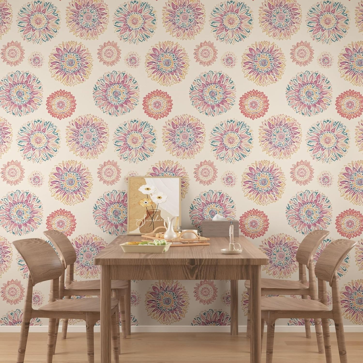 Boho Wallpaper Peel and Stick, Vintage Circle Floral Contact Paper, Abstact Beige/Blue/Pink Retro Flower Wall Paper Self Adhesive Removable Waterproof for Walls Shelves Cabinet Table 17.5" x 118"