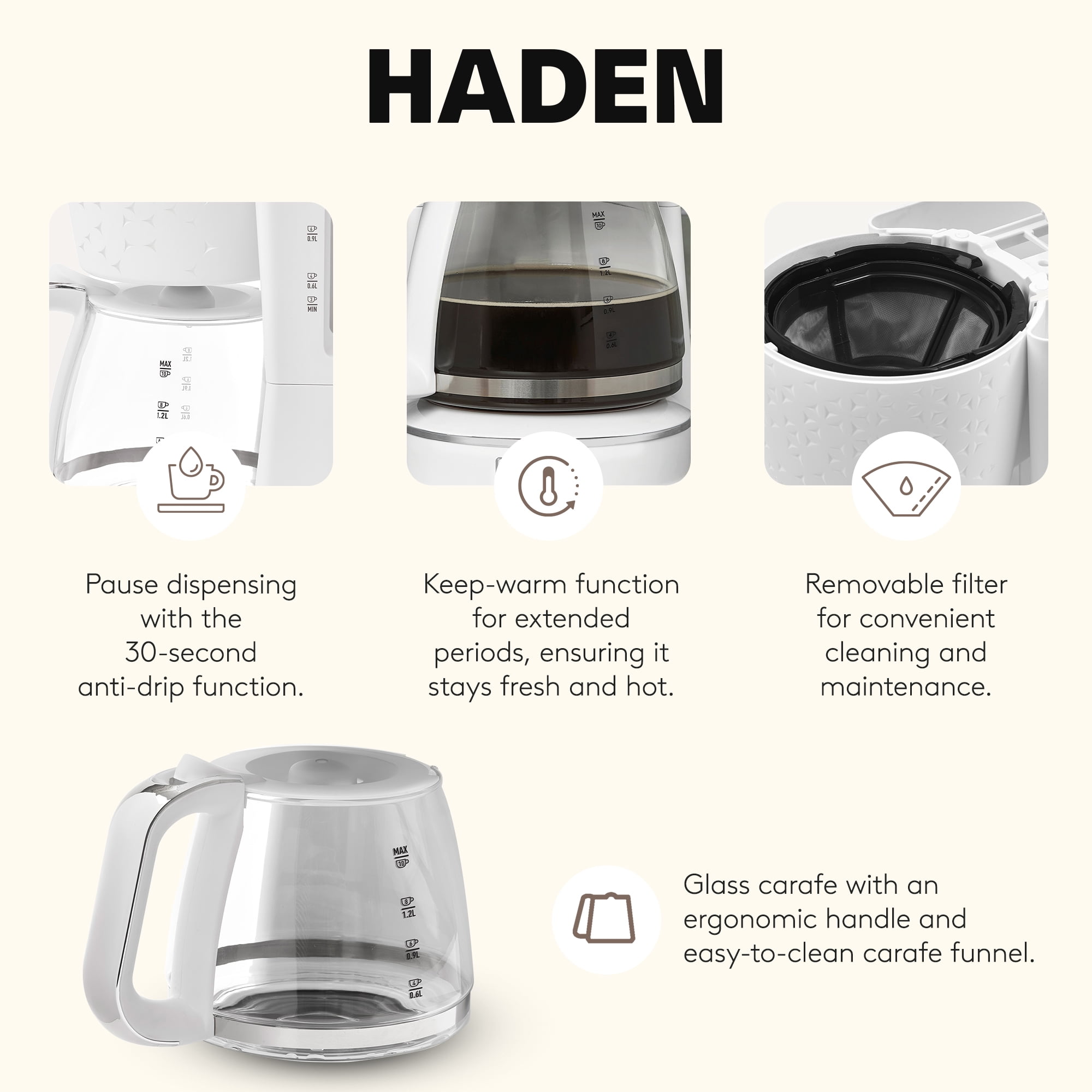 Haden Starbeck Coffee Machine, 10 Cup Auto Coffee Maker, White & Chrome