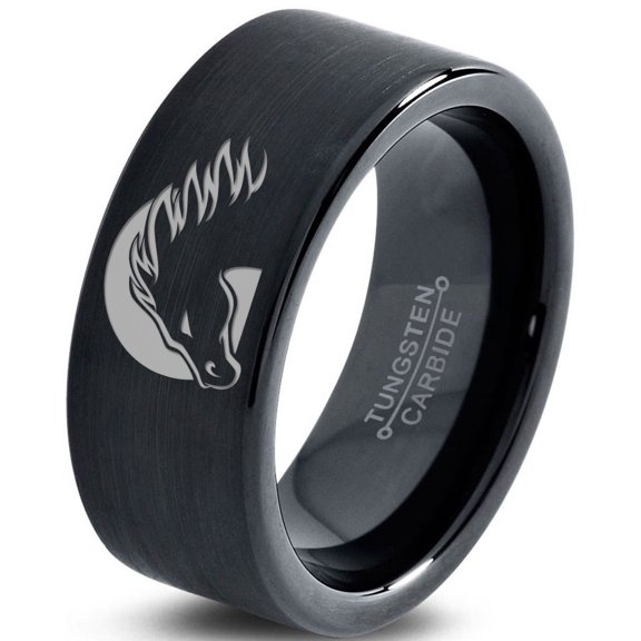 Tungsten Horse Horses Equestrian Equine Equidae Band Ring 9mm Men Women Comfort Fit Black Flat Cut Brushed Polished
