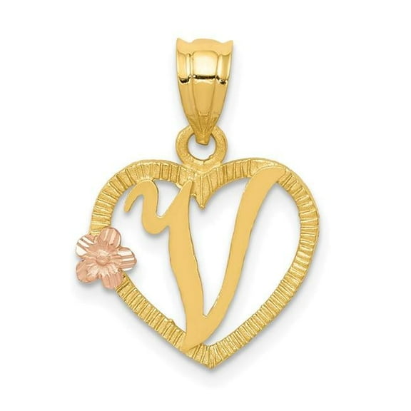 Finest Gold 14K Two-Tone Heart Letter V Initial Pendant