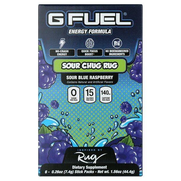 GFUEL Sour Blue Chug Rug Energy Powder Sticks, 6 Pack, .26oz