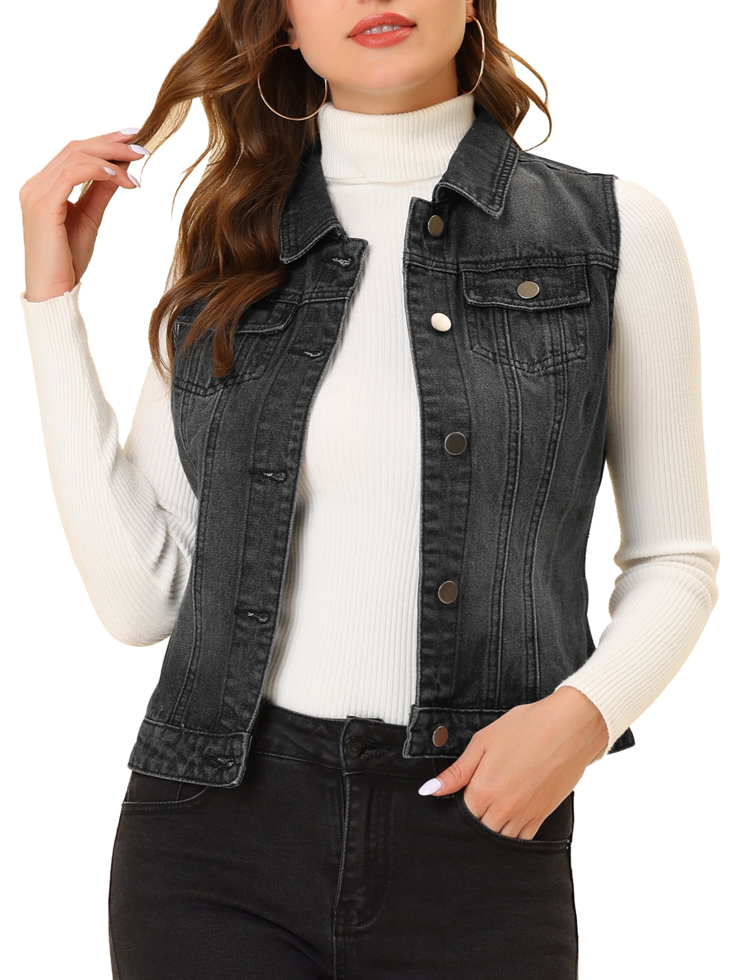 DARING DIVA Women's Denim Sleeveless Flap Pockets Vest Jacket L Black