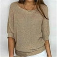 thumbnail image 2 of Womens Baggy Sweater Tops Round Neck Loose Fit 3/4 Sleeve Solid Color Knit Pullover Lightweight Blouses Plus Size (X-Large, Khaki), 2 of 6