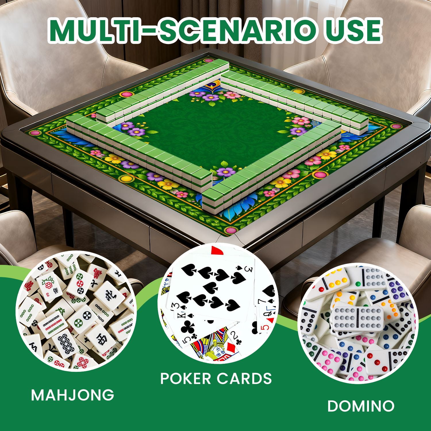 Mahjong Mat 31.5" x 31.5" Abstract Floral Peacock Motifs Vibrant Colors Non-Slip Noise Reduction Mahjong Tiles Table Cover for Dominoes Poker Card Board and Tile Games