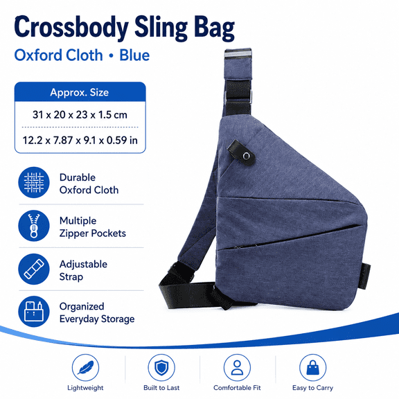 Crossbody Sling Bag for Men and Women, Oxford Cloth Chest Shoulder Bag with Multiple Zipper Pockets, Adjustable Strap, Blue