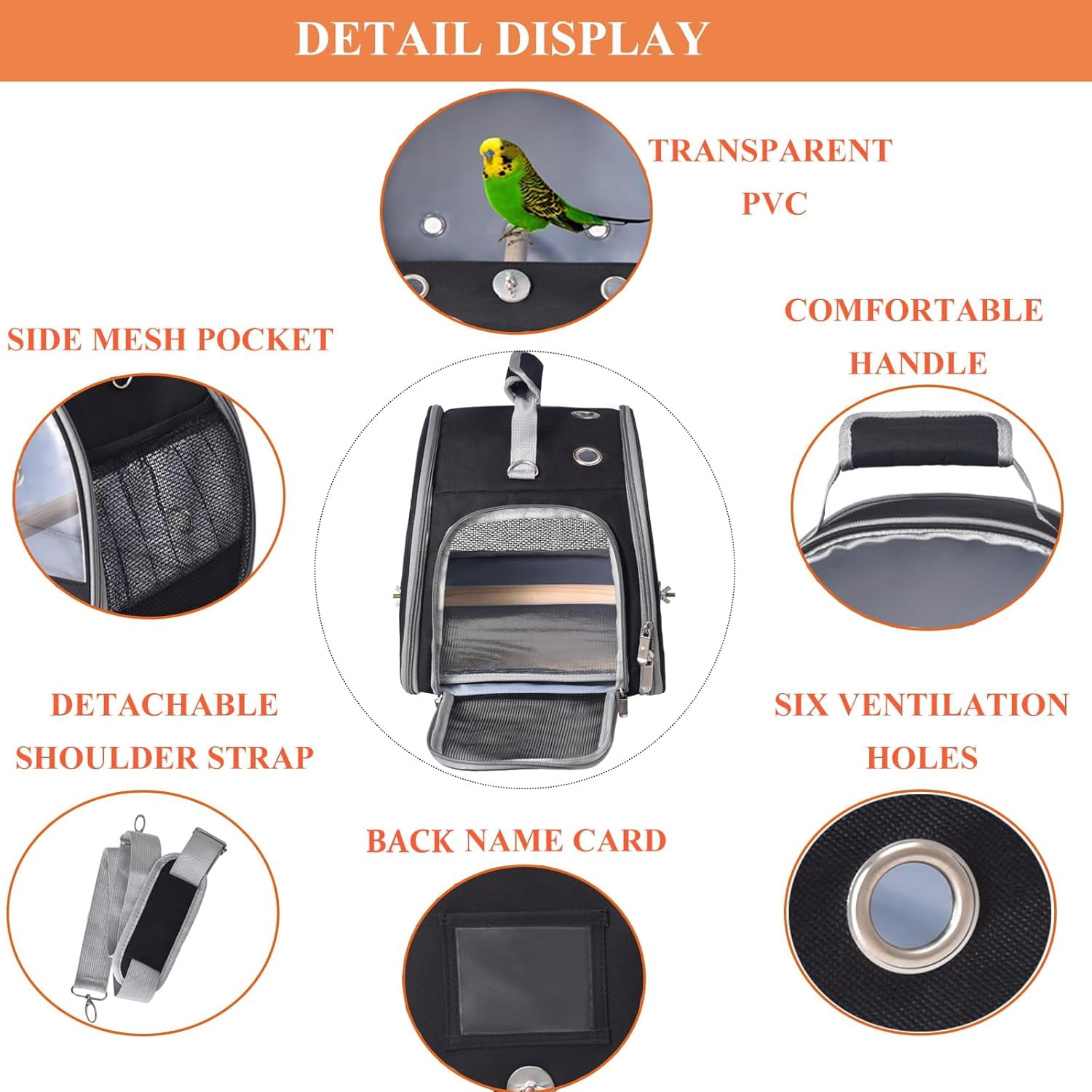 Bird Carrier with Stand & Tray, Small Bird Travel Cage for Parrot & Parakeet, Shoulder Strap - Black