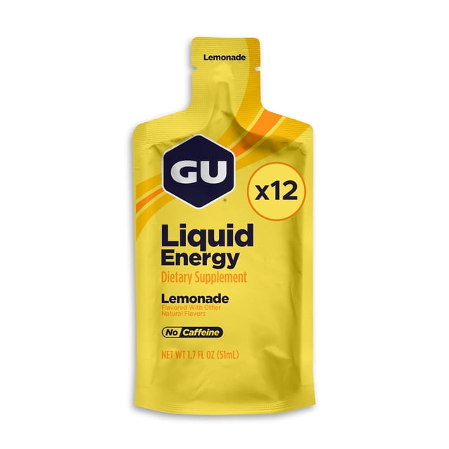 gel energético líquido GU Energy con carbohidratos complejos, vegano, sin gluten ni lácteos, limonada — sachet amarillo frontal, vista centrada con logotipo GU en azul, texto "Liquid Energy", marca GU Energy Labs, sello "x12", envase blando de 51 ml y leyenda "No Caffeine".
