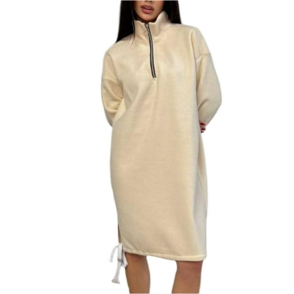 CharmCyan Long Sleeve Quarter Zip Pullover Dress for Women Relaxed Fit Casual High Neck Sweatshirt Dress Comfortable Design Beige L