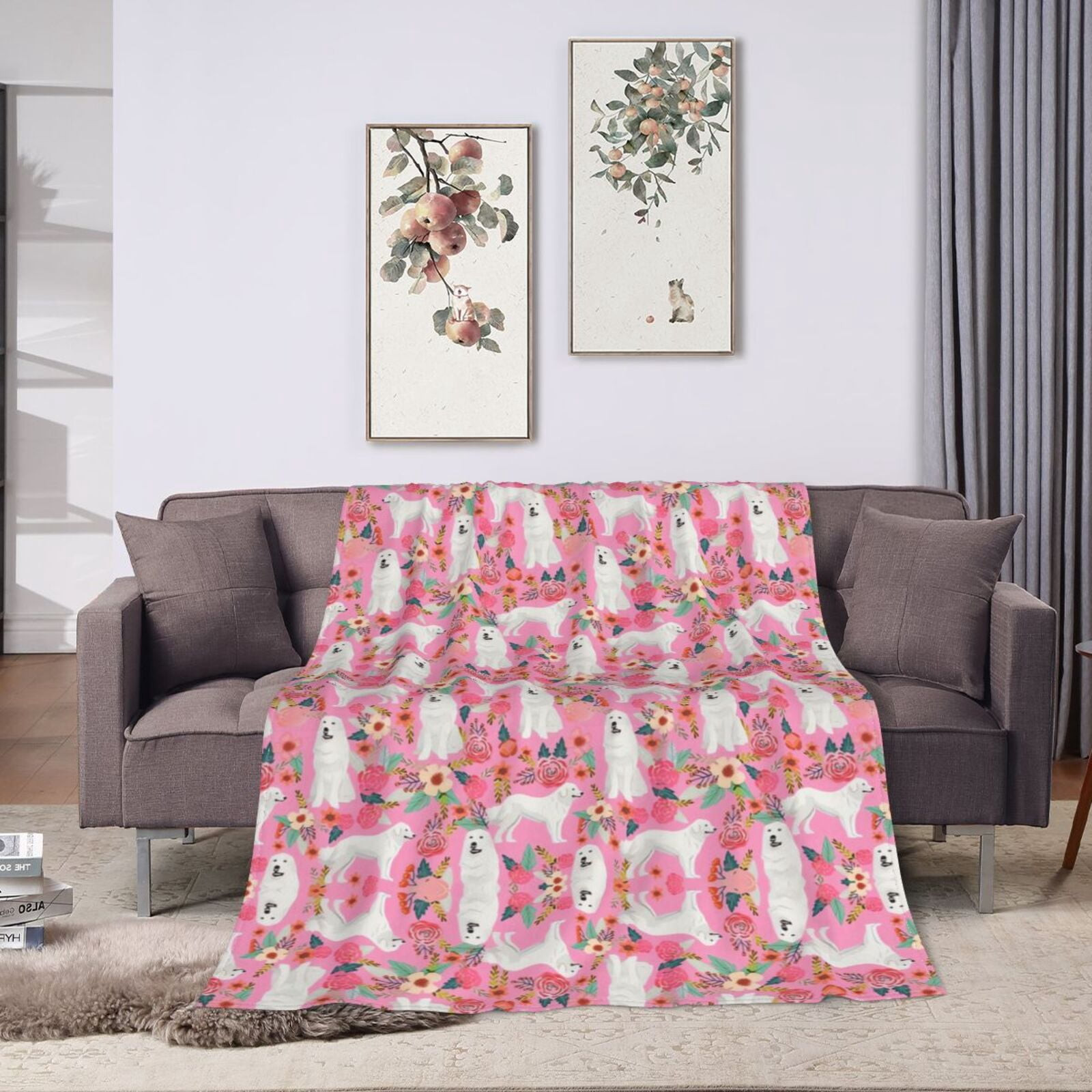 Wijzvio Great Pyrenees Dogs Pink Rose Flower Floral Throw Blanket Soft Fuzzy Fleece Blanket For Couch Bed Living Room Decoration 60"X50"