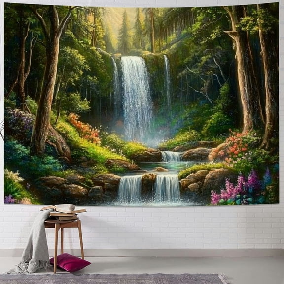 Patifu Forest Tapestry, Waterfall Green Tree Tapestries Wall Hanging, Wonderland Sunshine Nature Scenery River Aesthetic Tapestry for Bedroom, Living Room 40x30inch