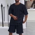 thumbnail image 3 of AWARDER Men's Summer 2-Piece Set, Knitted Solid Color Jacquard Short Sleeve T-Shirt and Casual Shorts, Breathable Lounge Outfit For Spring and Summer Season,Navy,M, 3 of 9