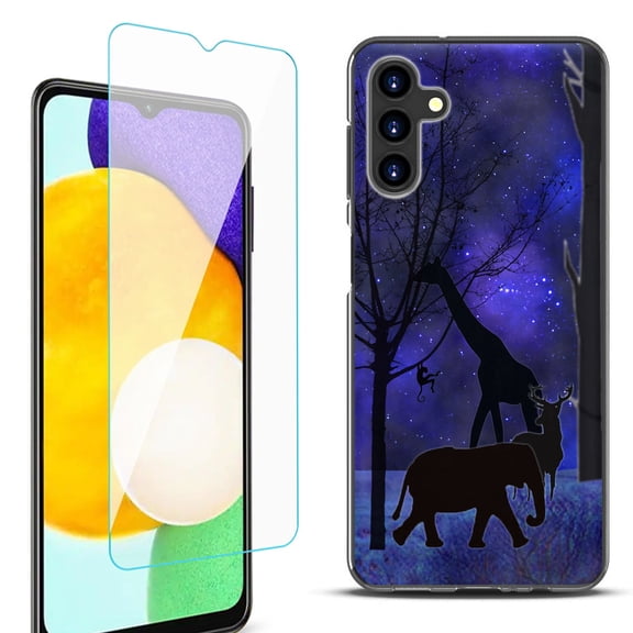 Slim-Fit Protective Fashion Phone Case (Black) for Samsung Galaxy A13 5G, with Tempered Glass Screen Protector, by OneToughShield ® - Midnight Safari