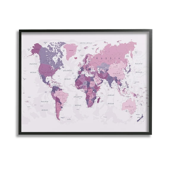 Stupell Industries Detailed Pink World Map Town & City Painting Black Framed Art Print Wall Art, 14 x 11