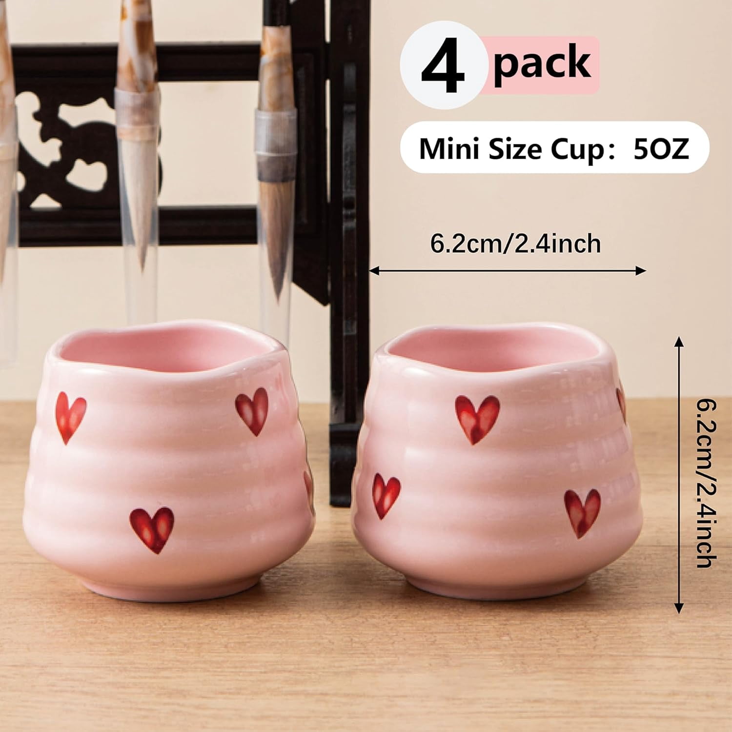 4 Pack 5oz Handless Ceramic Mini Coffee Mugs, Cute Heart‑Pattern Espresso & Matcha Tea Cups, Small Handcrafted Drinking Cups, Microwave & Dishwasher Safe for Coffee Tea Lovers & Gifts