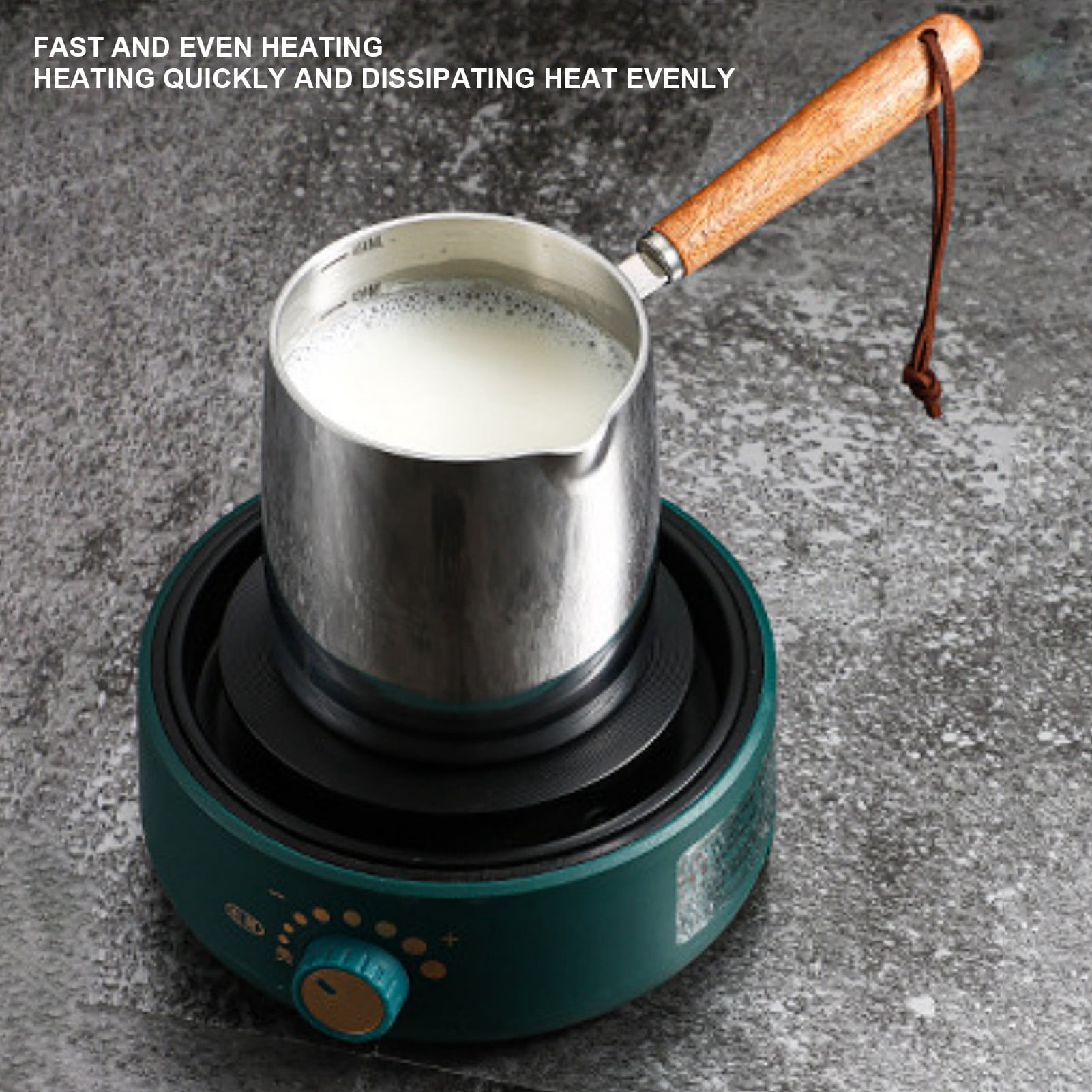 Milk Pan Porridge Pot Flat Coffee Milk Warmer with Wooden Handle