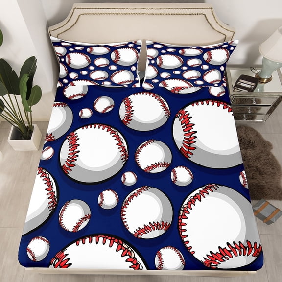 Baseball Bedding Set Sports Theme Fitted Sheet Teens 3D Blue Ball Pattern Bed Sheet Set Breathable Baseball Games Bed Cover Room Decor Twin Size