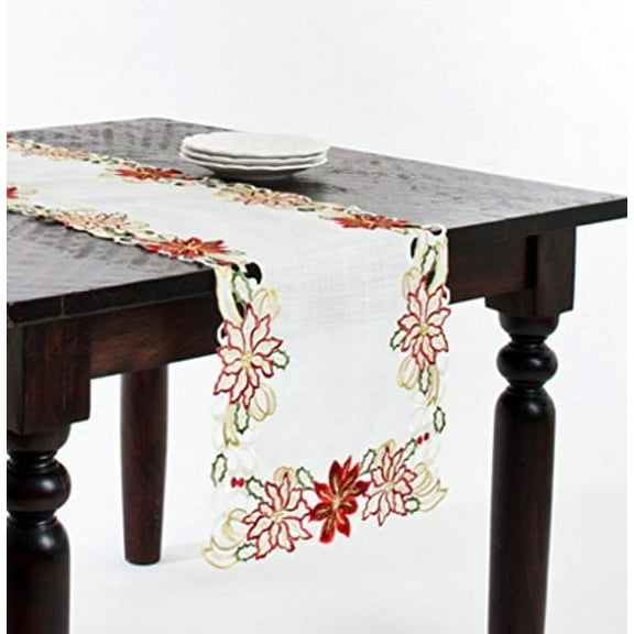 Embroidered & Cutwork Holiday Poinsettia Ivory Table Runner, 16"x72" Rectangular