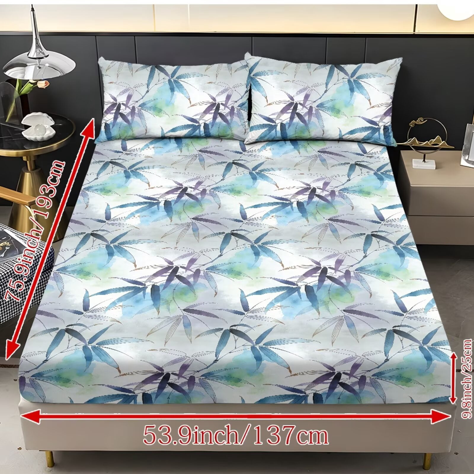 ZIATUBLES King Size Sheet Set, Breathable Durable Cooling Decor Bedding for Bedroom, 3 Pcs Bed Sheets Set - 1 Fitted Sheet, 2 Pillowcases (Oriental Bamboo Leaf Pattern)