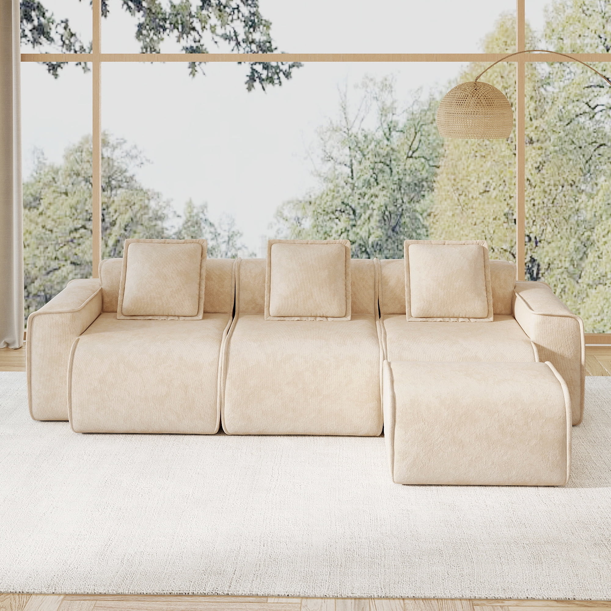 109" 3-Seat Modular U-Shaped Sectional Sofa, Light Camel Velvet with 1 Movable Ottomans & Throw Pillows, No Assembly Required