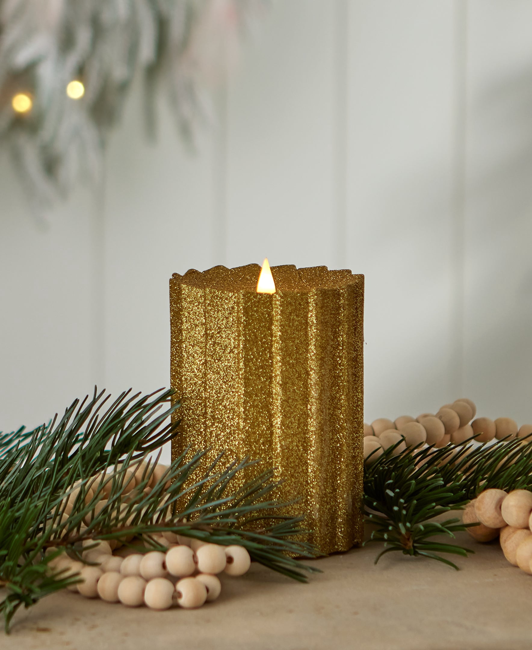 Seasonal LLC Sutton Fluted Flameless LED Pillar Candle 4 x 8 | 3D Moving Flame | Adjustable Brightness | Battery Operated | Flickering Flame | Real Wax Body, Gold