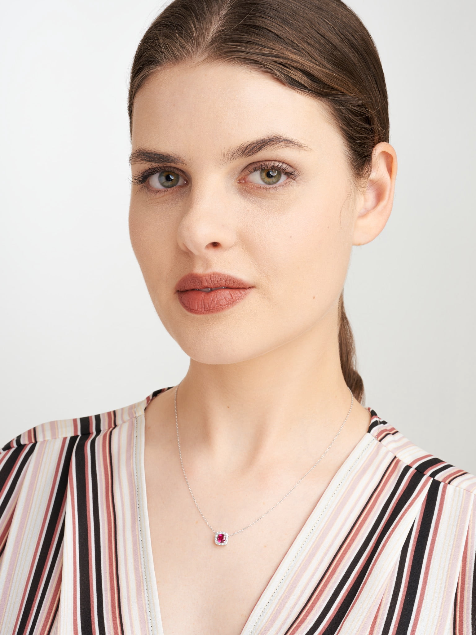 Forever Facets Silver Created Ruby and CZ Necklace in Sterling Silver, Adult Female