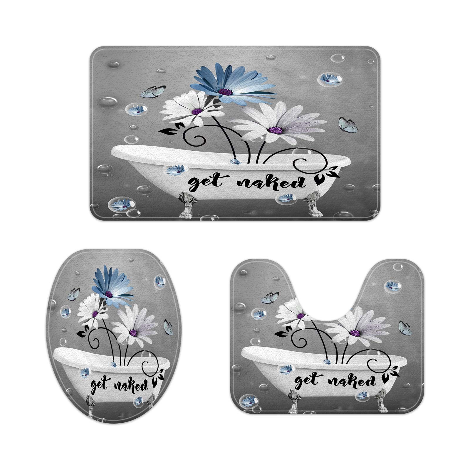 Get Naked Floral Bath Mat Set, Blue White Daisy in Bathtub Gray Bathroom Rug Set, Funny Grey Contour Mat and Toilet Lid Cover Nonslip Home Washroom Decor Durable Polyester Shower Accessories