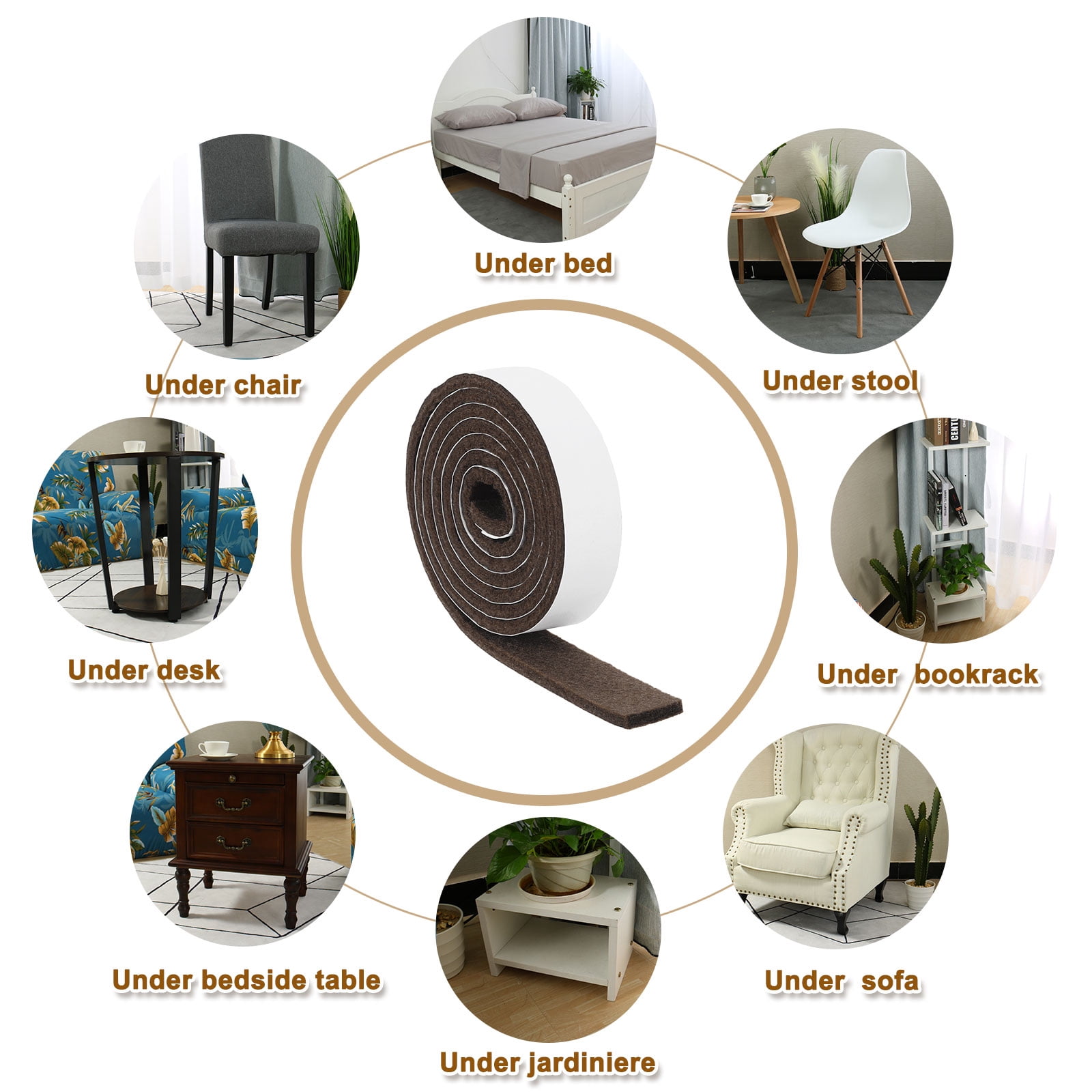 Felt Strips with Adhesive Backing, 4 Pack 1" x 60" x 0.2" Adhesive Felt Strips Anti Scratch Furniture Felt Tapes Self-Stick Felt Pads for Protecting Hardwood Floor, Brown