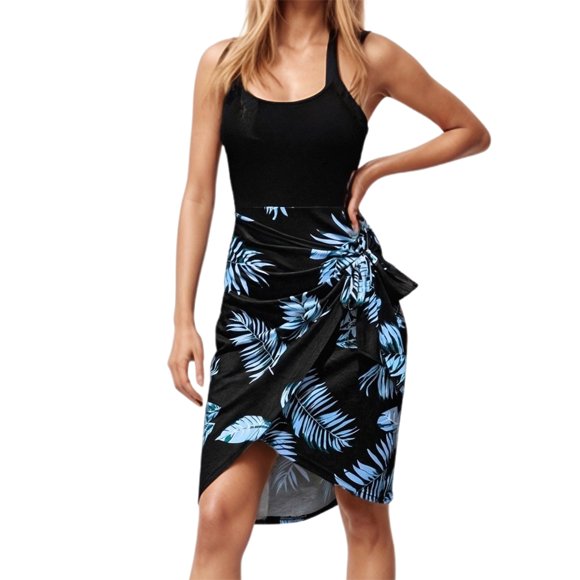 Icvfdpl Summer Dresses For Women,Sleeveless With Leaf Print Stretchy Tank Vacation Everyday Wear Flowy Dress Elegant Floral Dress For Women,L