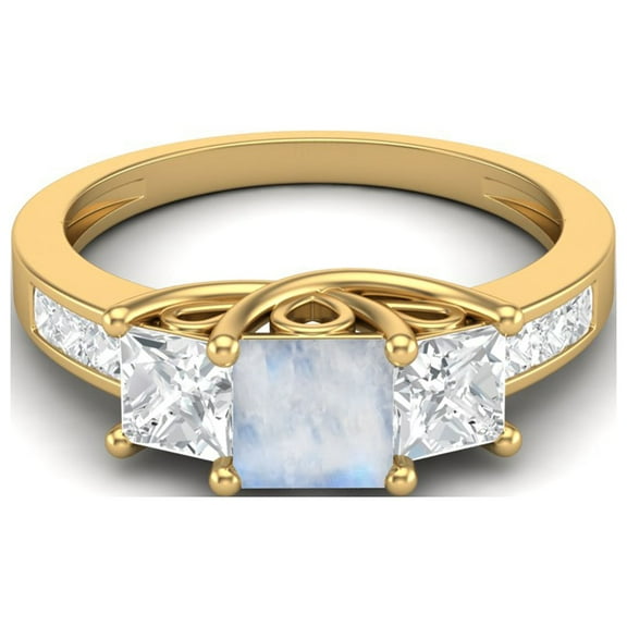 2.11 Cts Square Cut Halo Three Stone Moonstone Gemstone 925 Sterling Silver Gold Vermeil Women Valentines Day Gifts Ring