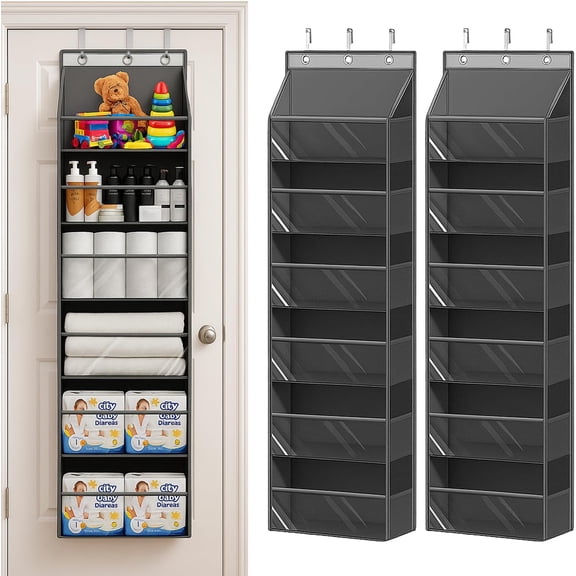 Over The Door Organizer 2 Pack– 6 Tier Door Organizer Hanging & 12 Side Pockets, Reinforced 50LB Capacity Hanging Organizer, Clear Window, Behind The Door Storage for Bedroom, Nursery, Pantry