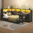 thumbnail image 5 of Twin Size Daybed with Drawers and Bookcase Storage,Corner Bed Frame with Desk,Charging Station and Led Lights,Twin Metal Platform Bed Frame with Open Shelves,Black, 5 of 12