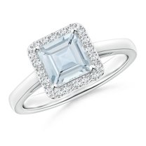 ANGARA Natural Classic Square Aquamarine Halo Ring in 14K White Gold for Women (Size-6mm) | March Birthstone, Birthday, Anniversary, Jewelry Gift for Women | Natural Aquamarine Ring