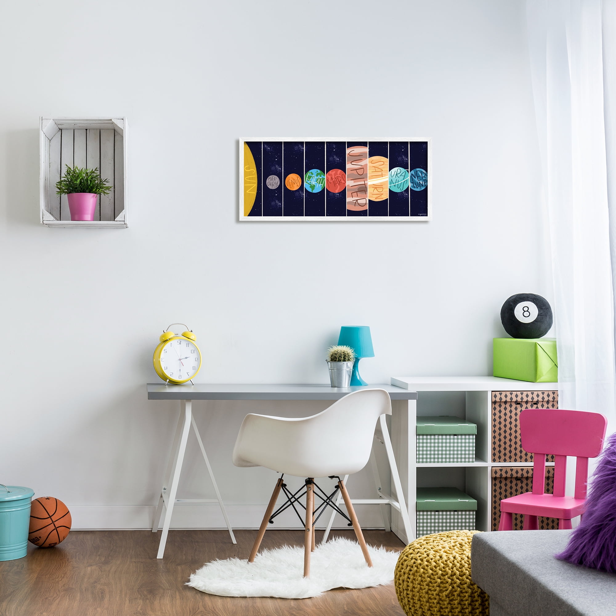 Stupell Industries Playful Milky Way Galaxy Planets Kid's Sun Orbit Novelty Painting White Framed Art Print Wall Art, 13 x 30, Design by Kyra Brown