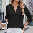 thumbnail image 2 of Olyvenn Women's Dressy Casual Tops 3/4 Sleeve V Neck Buttons Hollow Out Embroidered Blouses Fashion Loose Textured Shirts Black 20-22, 2 of 9