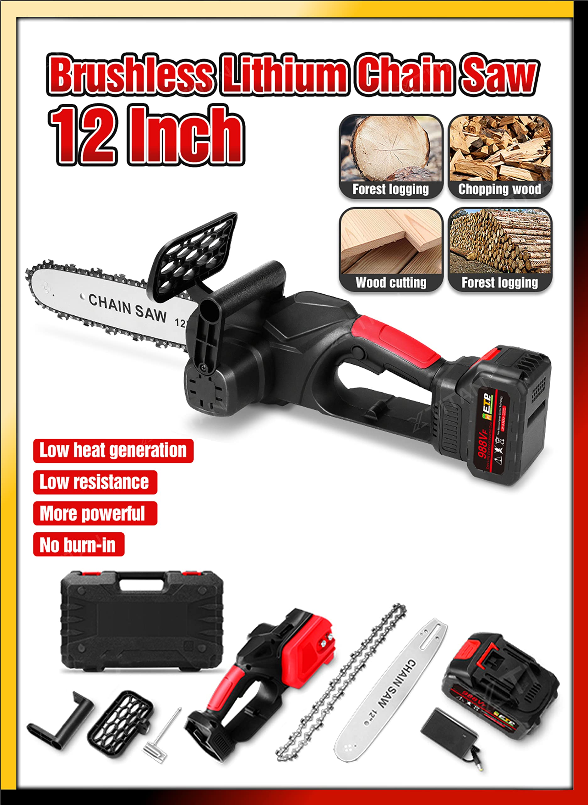 12-Inch Cordless Electric Chainsaw, 1300W Brushless Motor, 24V 3000mAh Battery, Lightweight & Powerful for Wood Cutting, Residential and Commercial Use