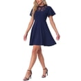 thumbnail image 4 of Vestido Midi Casual de Cuello Alto con Mangas de Volante de Encaje Floral para Mujeres INSPIRE CHIC en Azul Oscuro, 4 of 5