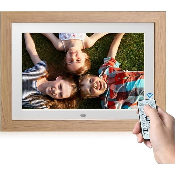 10.1" Digital Picture Frame with Remote Control, 1280 * 800 IPS Full View Ultra Clear Screen, Removable Wooden Frame, Share Videos Photos Send Wishes Auto-Rotate Slideshow Non-WiFi