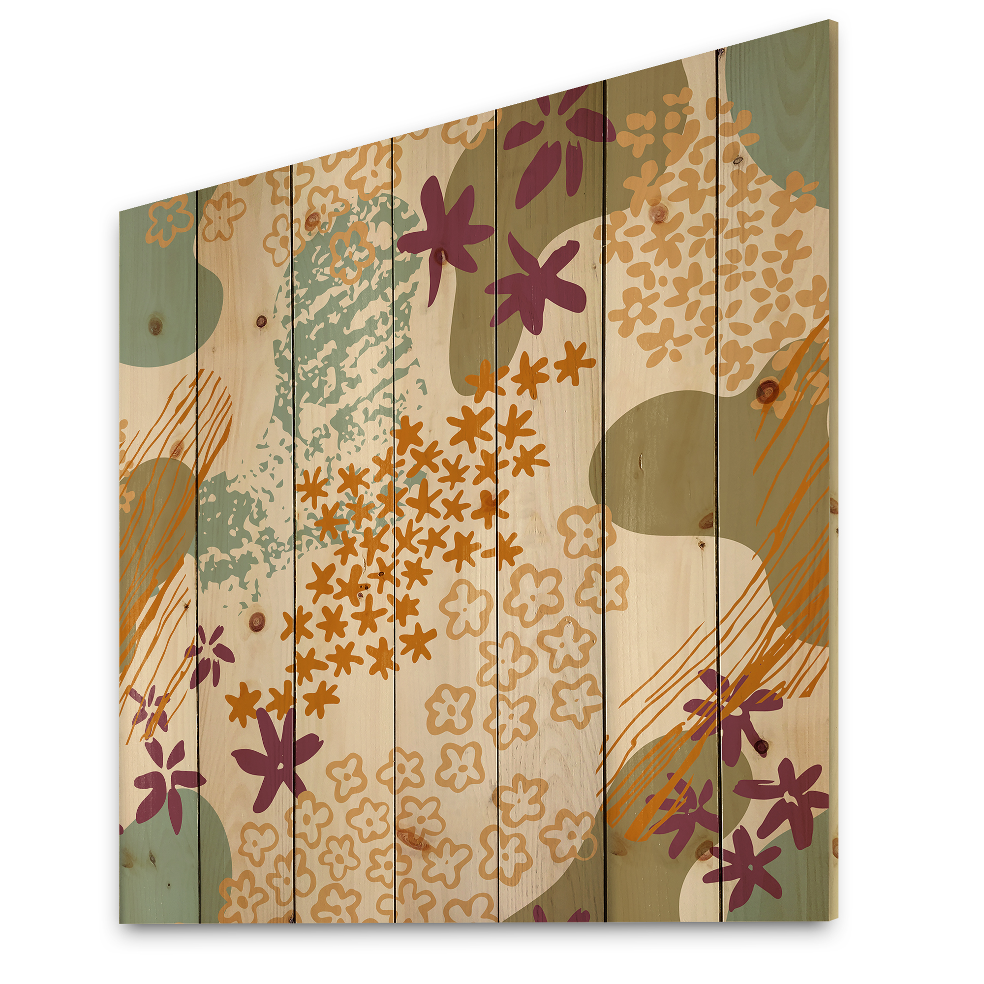 Designart 'Fluid Shapes and Flowers Silhouettes' Modern Print on Natural Pine Wood