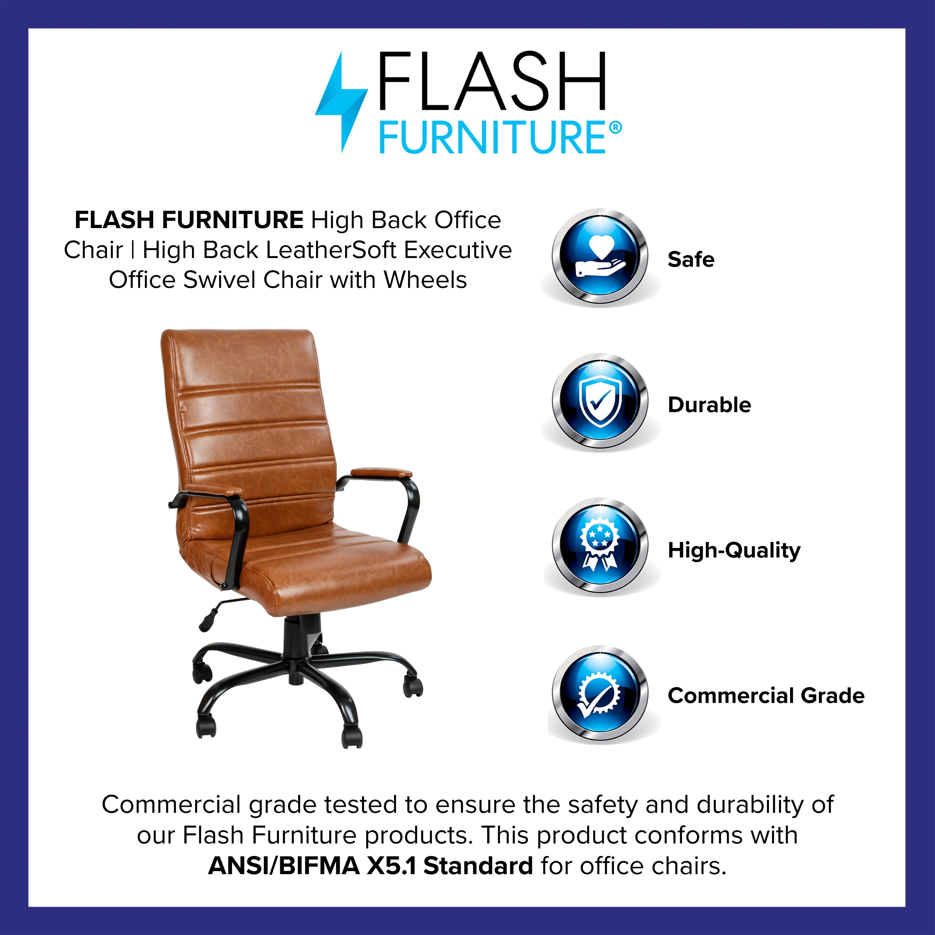 BizChair High Back Brown LeatherSoft Executive Swivel Office Chair with Black Frame and Arms