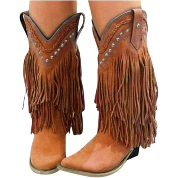 Womens Fringe Western Boots Faux Suede Chunky Boots Mid-Calf Riding Boot Shoes Vintage Cowgirls Knee High Booties
