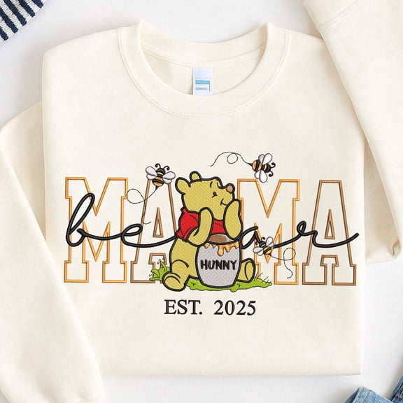 Cream Mama Bear Embroidery Sweatshirt - Personalized Gift for Mother's Day, Est. 2025