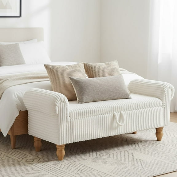 55''W Storage Bench for Queen Bed End of Bed, Mid-Century Corduroy Upholstered Bench with Rolled Armed, White