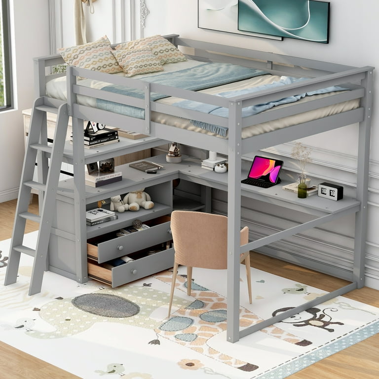 EUROCO Full Size Loft Bed with Desk and Shelf for Kids, Gray