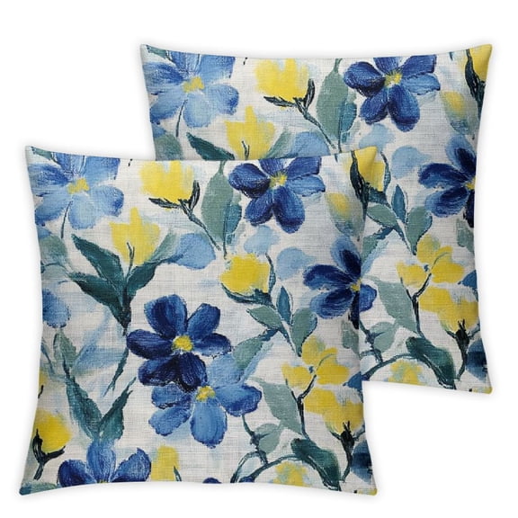 Qinduosi 2 Pcs  Watercolor Blue and Yellow Flower Decorative Throw Pillow Cases,Vintage Plant Floral Summer Seasonal Outdoor Decor Pillowcases Cushion Covers for Couch Sofa