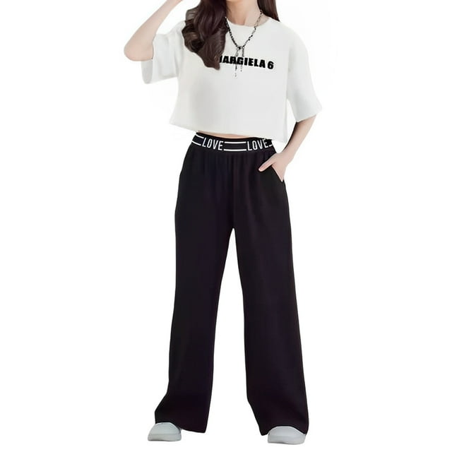 Jumpingount Banquete Niñas Camiseta de algodón de manga corta Conjunto de pantalones de pierna ancha Viajar Senderismo Niños Diseño simple Tops conjuntos de ropa Blanco 130cm