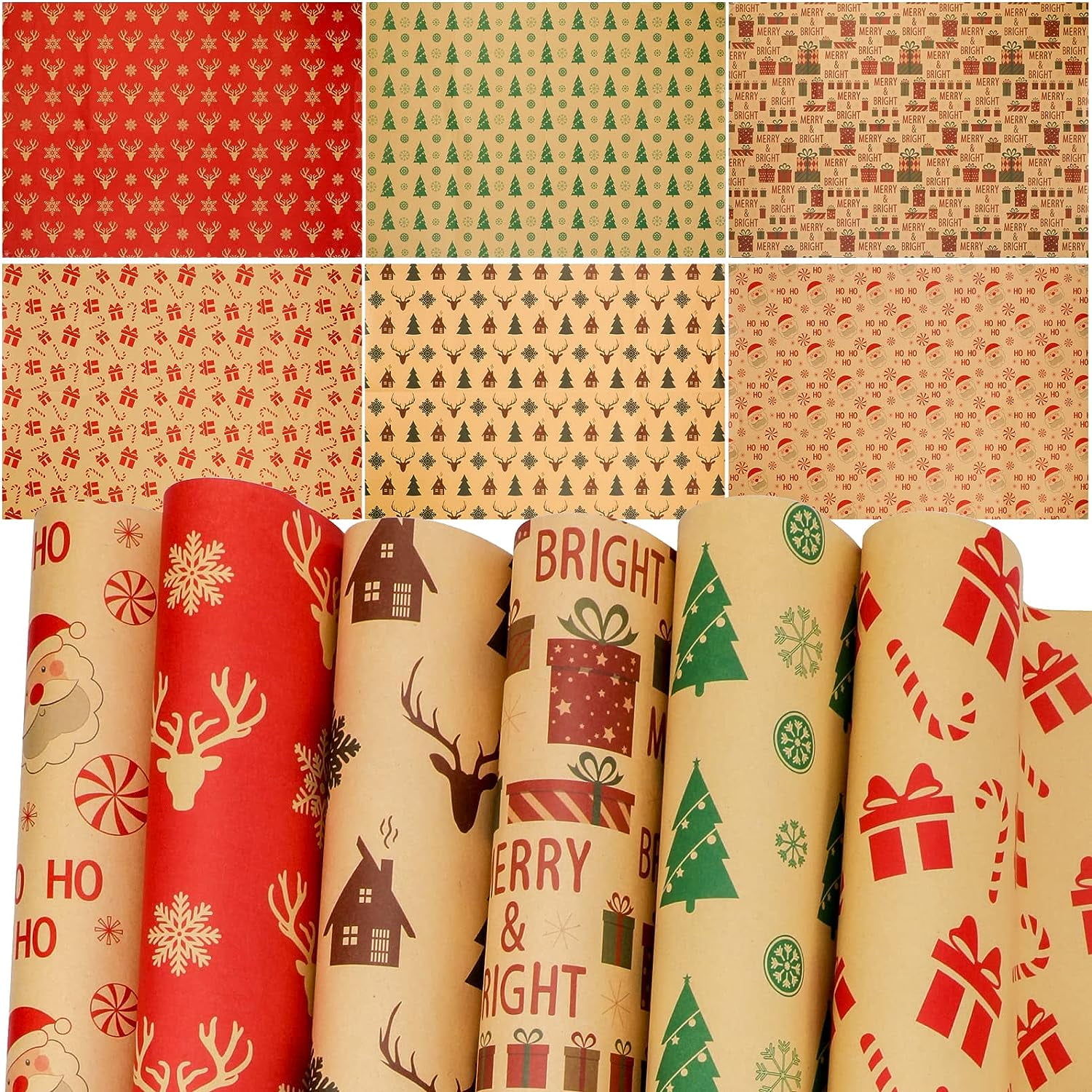 6 Sheets Christmas Wrapping Paper Set with Snowflakes Gift Box Reindeer