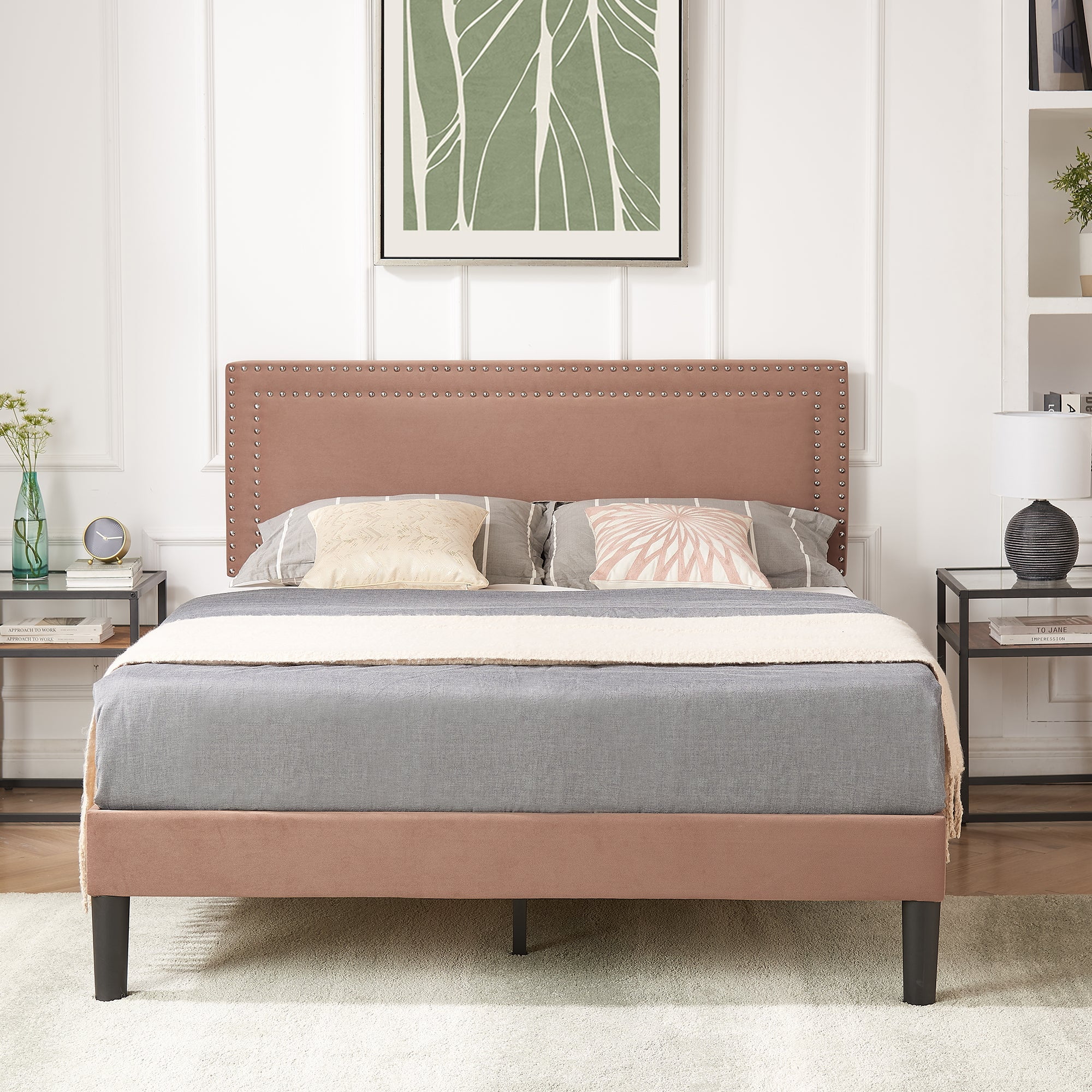 VECELO Full Size Platform Bed Frame, Modern Upholstered Bed Frame with Adjustable Height & Nailhead Trim Headboard, No Box Spring Needed, Easy Assembly, Coffee
