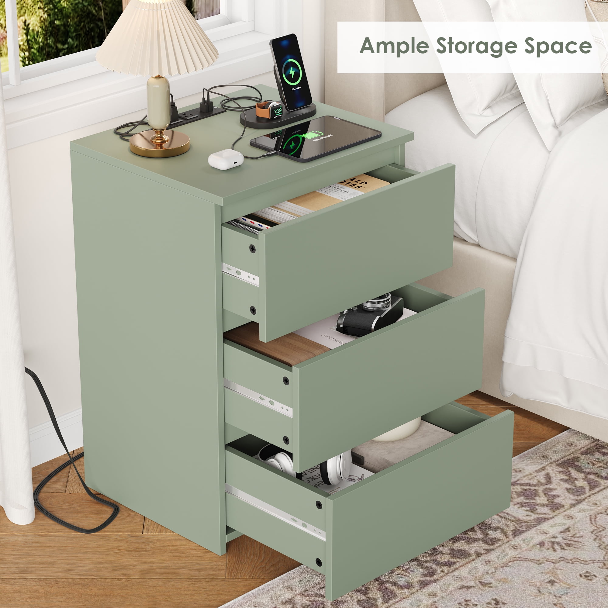 Homfa 3 Drawers Nightstand with Charging Station, Side Table with Storage for Living Room, Bedside Nightstand for Bedroom, Green