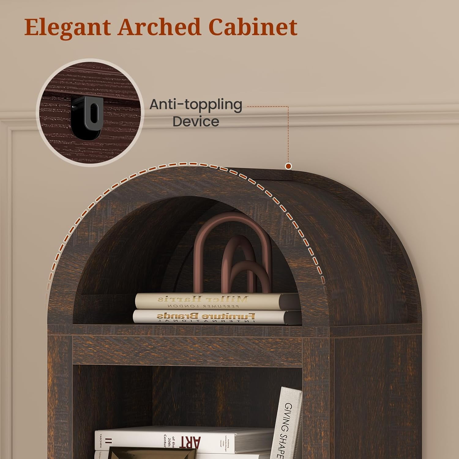 76" Tall Narrow Arched Bookcase, 7-Teir Mid-Century Modern Bookshelf with Adjustable Shelves for Living Room, Home Office, Walnut